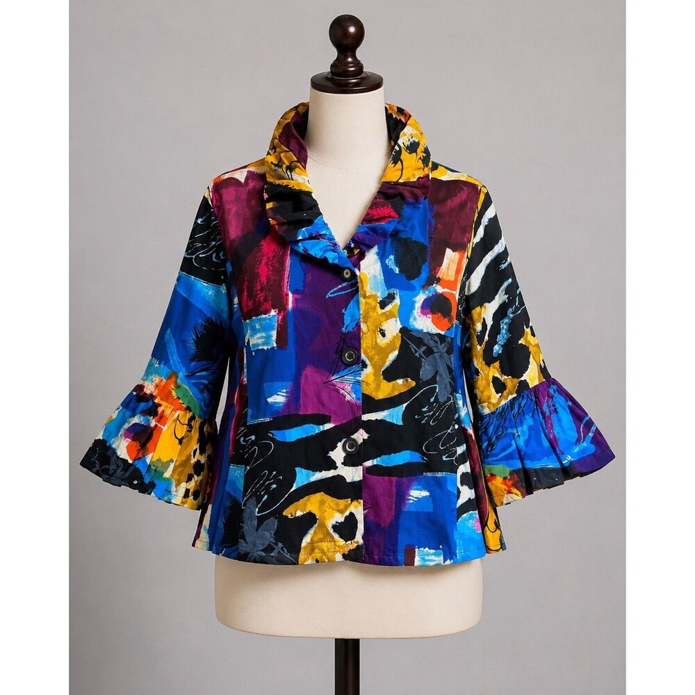 Pings Imports Pleats Collection Jacket 2XL Abstract Art Ruffle Collar Y2K